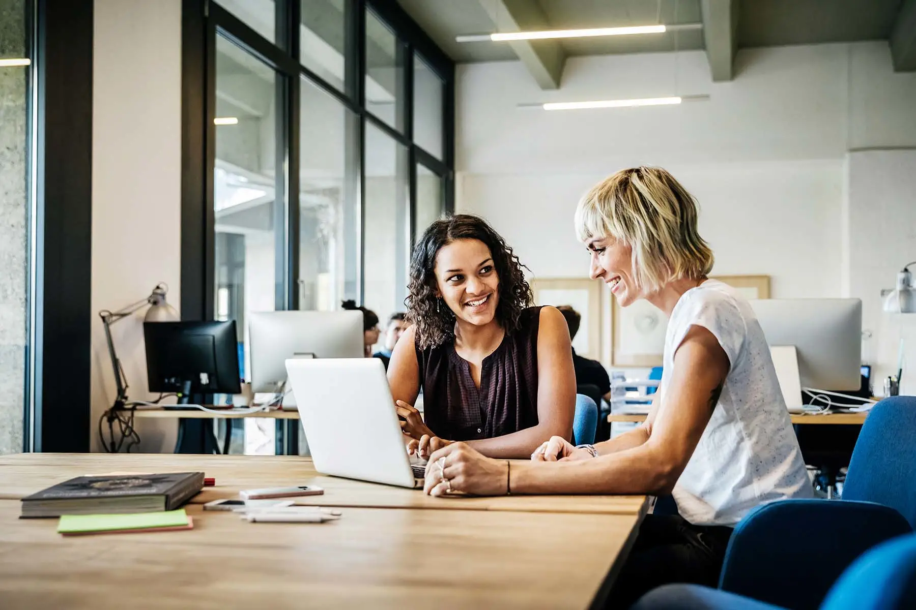 Two female business colleagues looking at laptop in a conference room.