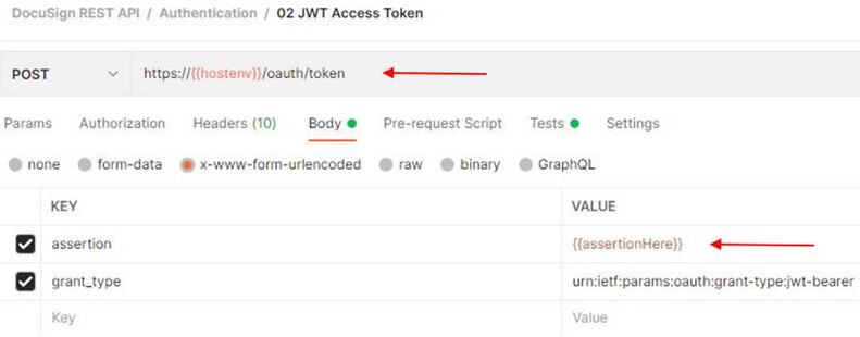 Postman request for token showing the assertion