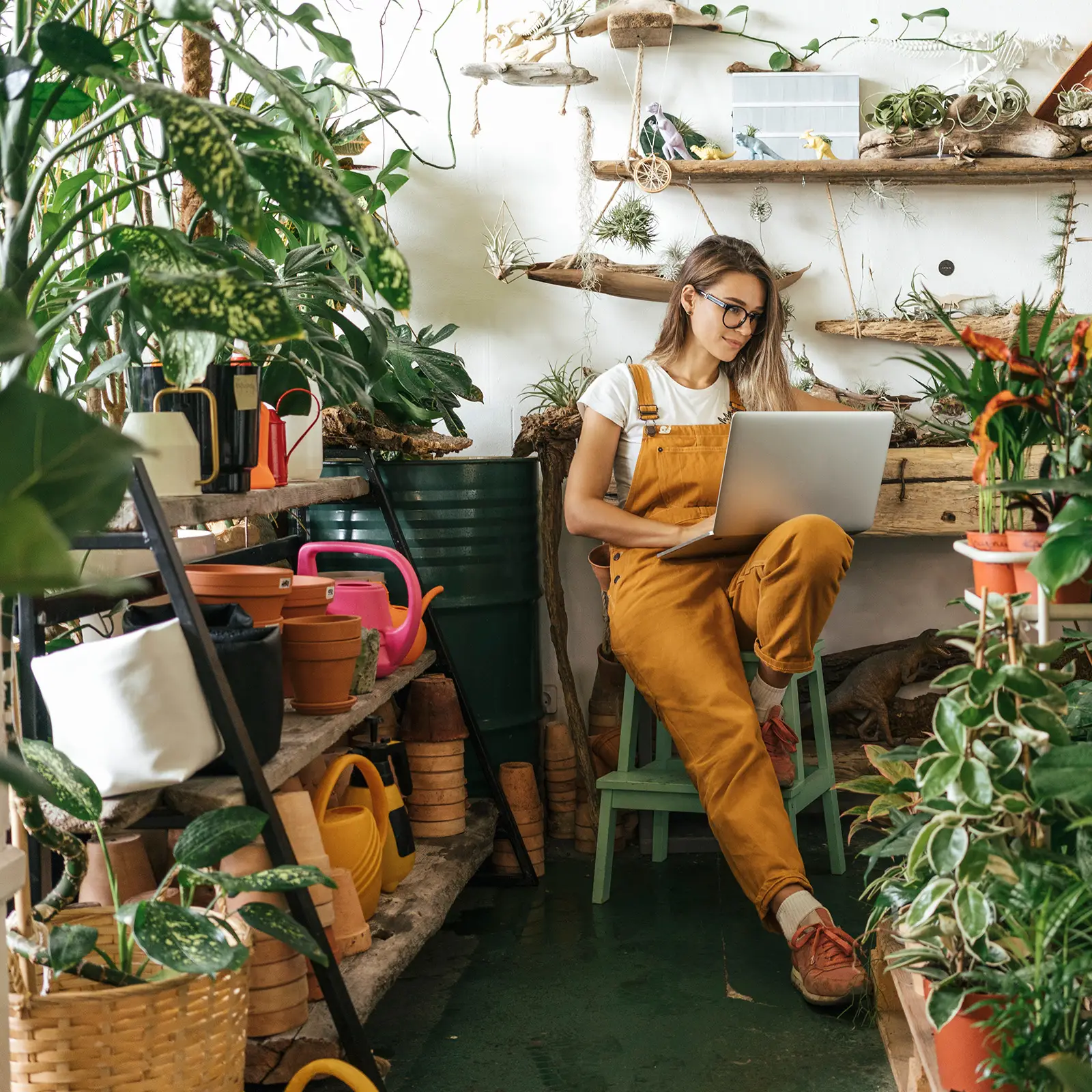 A woman using laptop in a small gardening shop