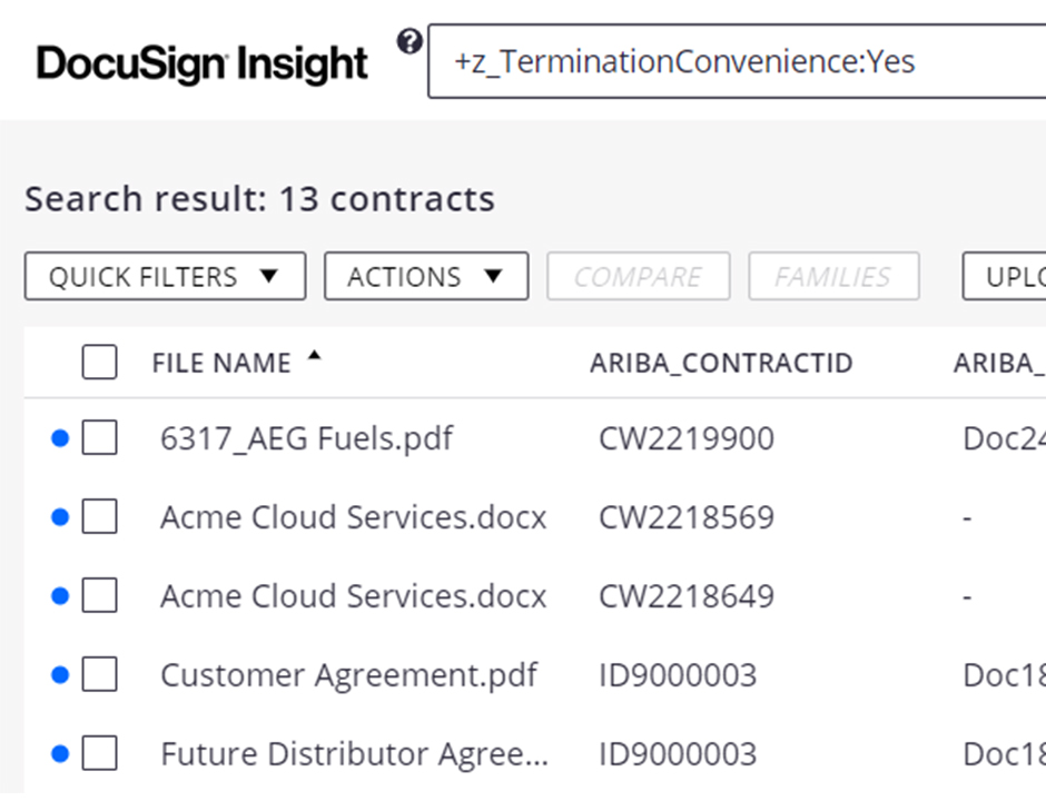 DocuSign Insight Connector for SAP Ariba screenshot showing search and column headers.