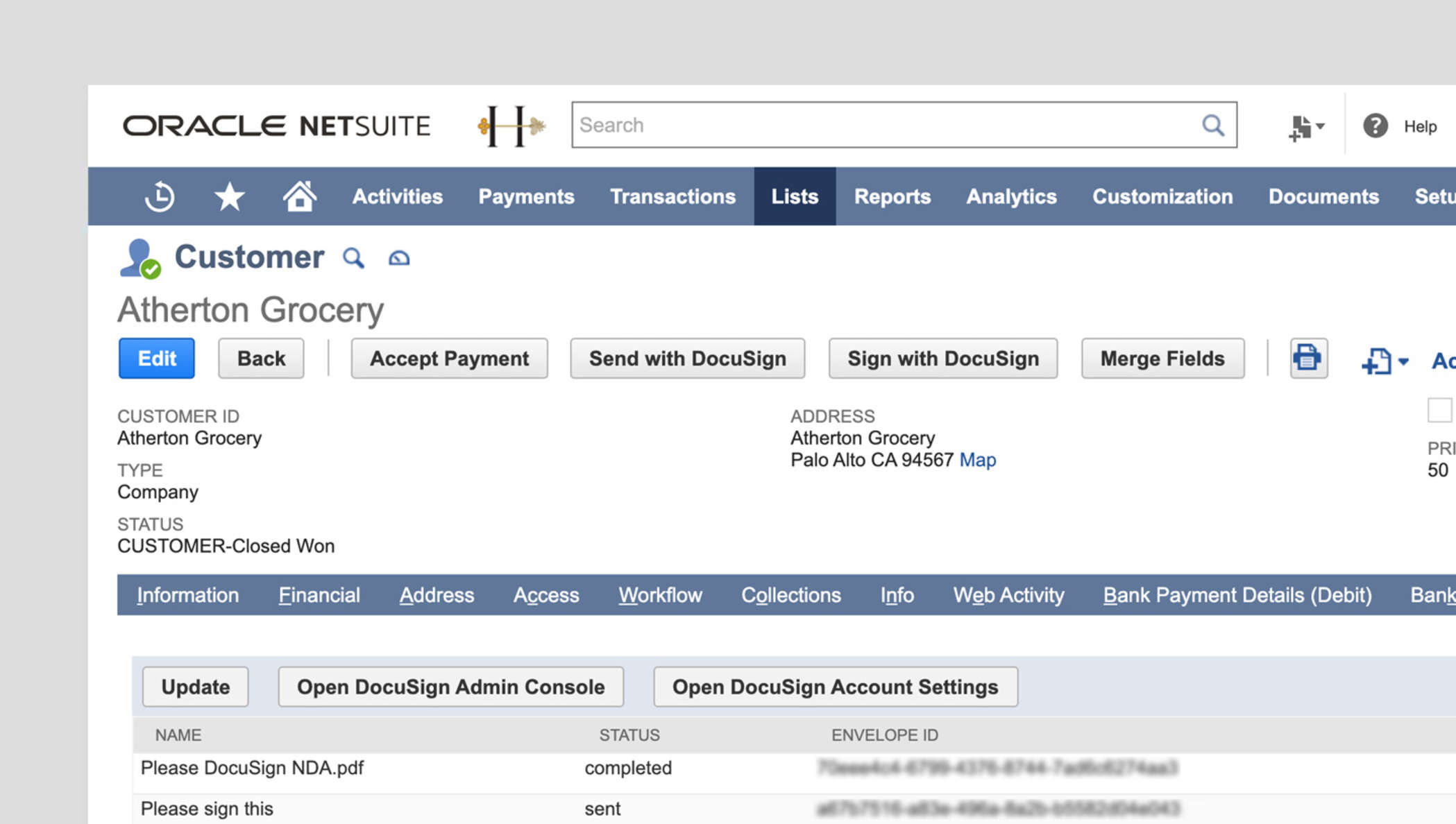 Desktop view of the eSignature for NetSuite application, showing a customer record with a custom button