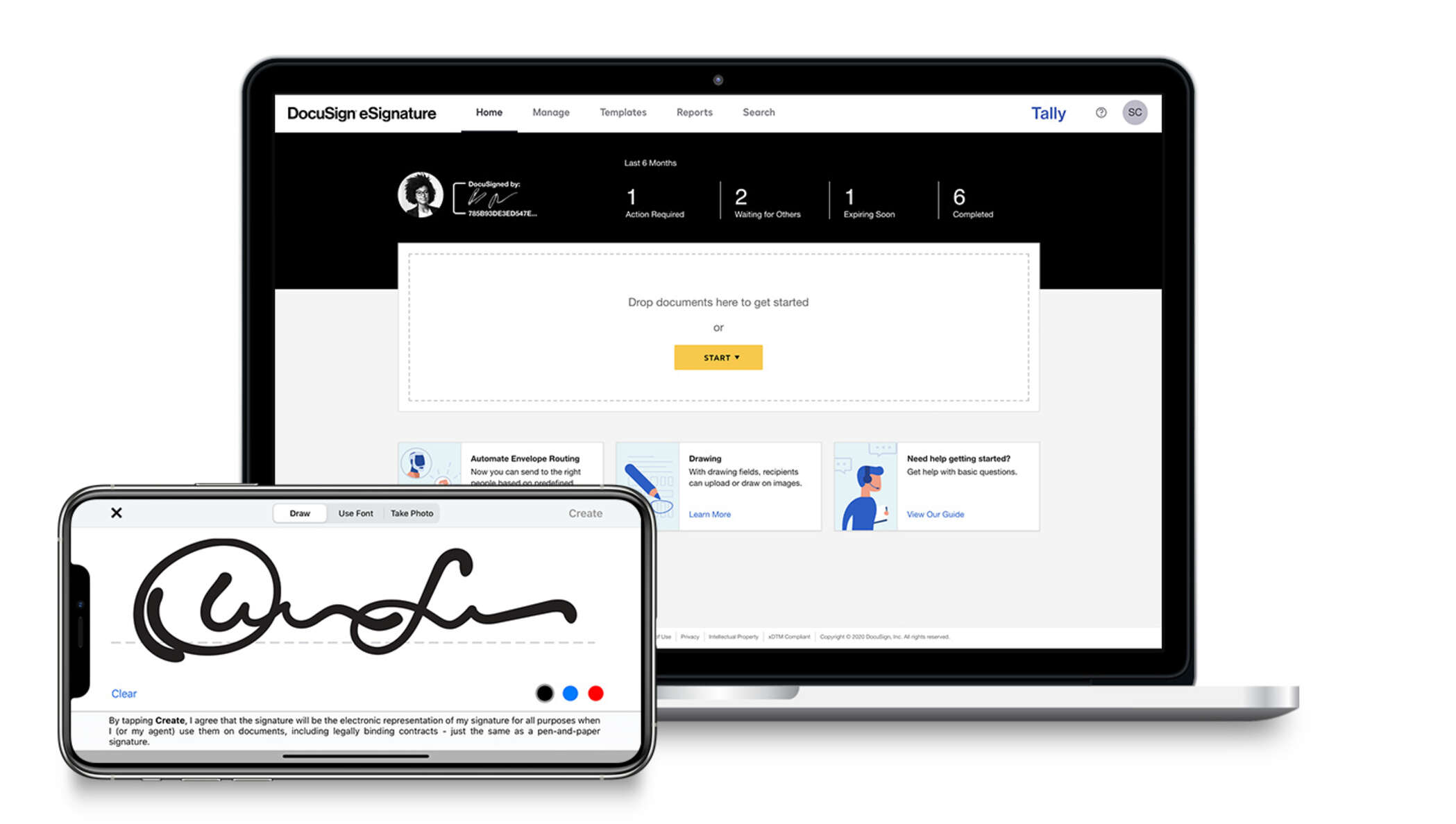 Drop your documents into DocuSign eSignature to send and sign on most devices. 