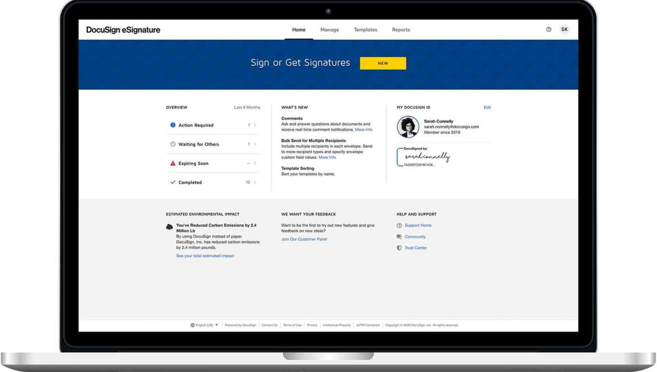 A laptop showing a screenshot of DocuSign eSignature.