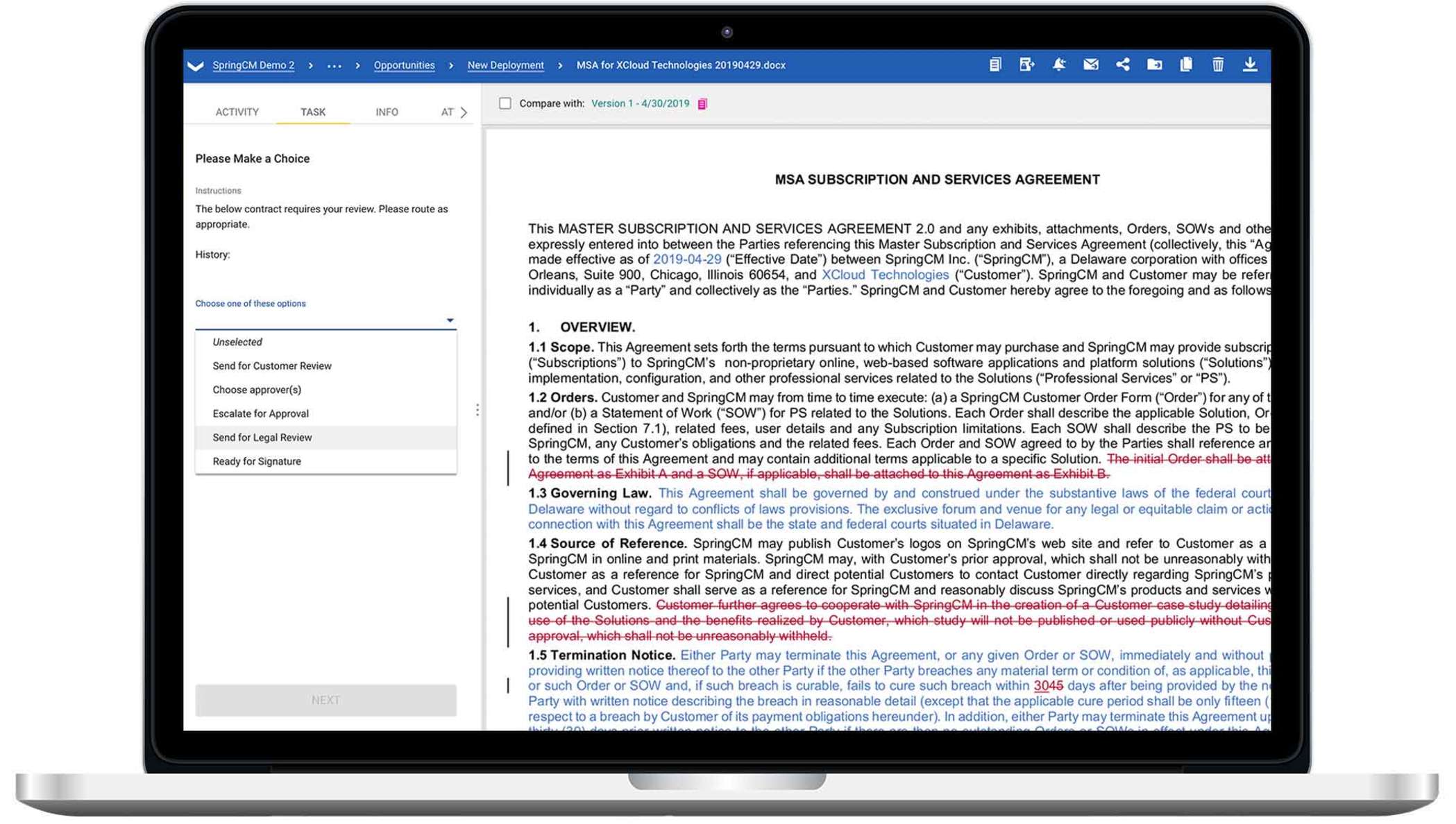 A laptop showing a screenshot of DocuSign CLM.