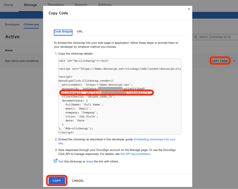 Copying clickwrap code values