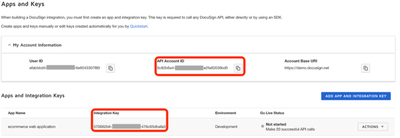 API Account ID, Integration Key values