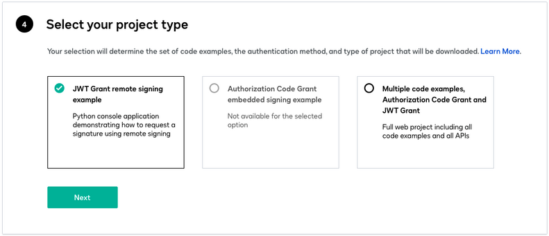 Quickstart step 4: Select project type