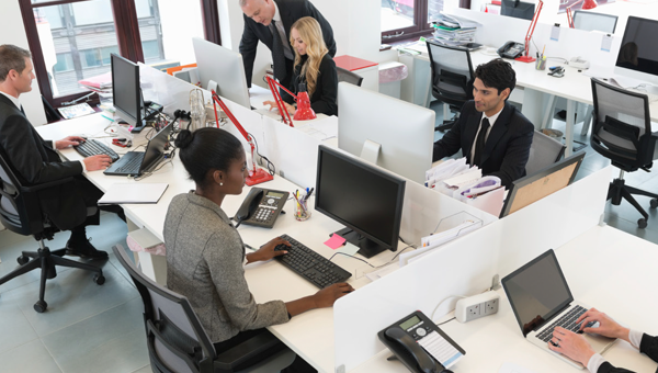 People working in cubicles.