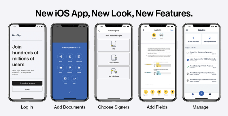 Five steps to send and manage documents in the DocuSign iOS Mobile App.