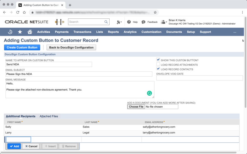 Netsuite custom button form