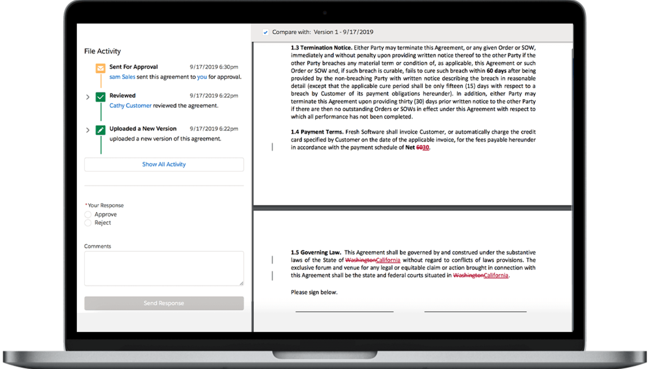 Laptop screen showing an example of a legal agreement being prepared for signature.