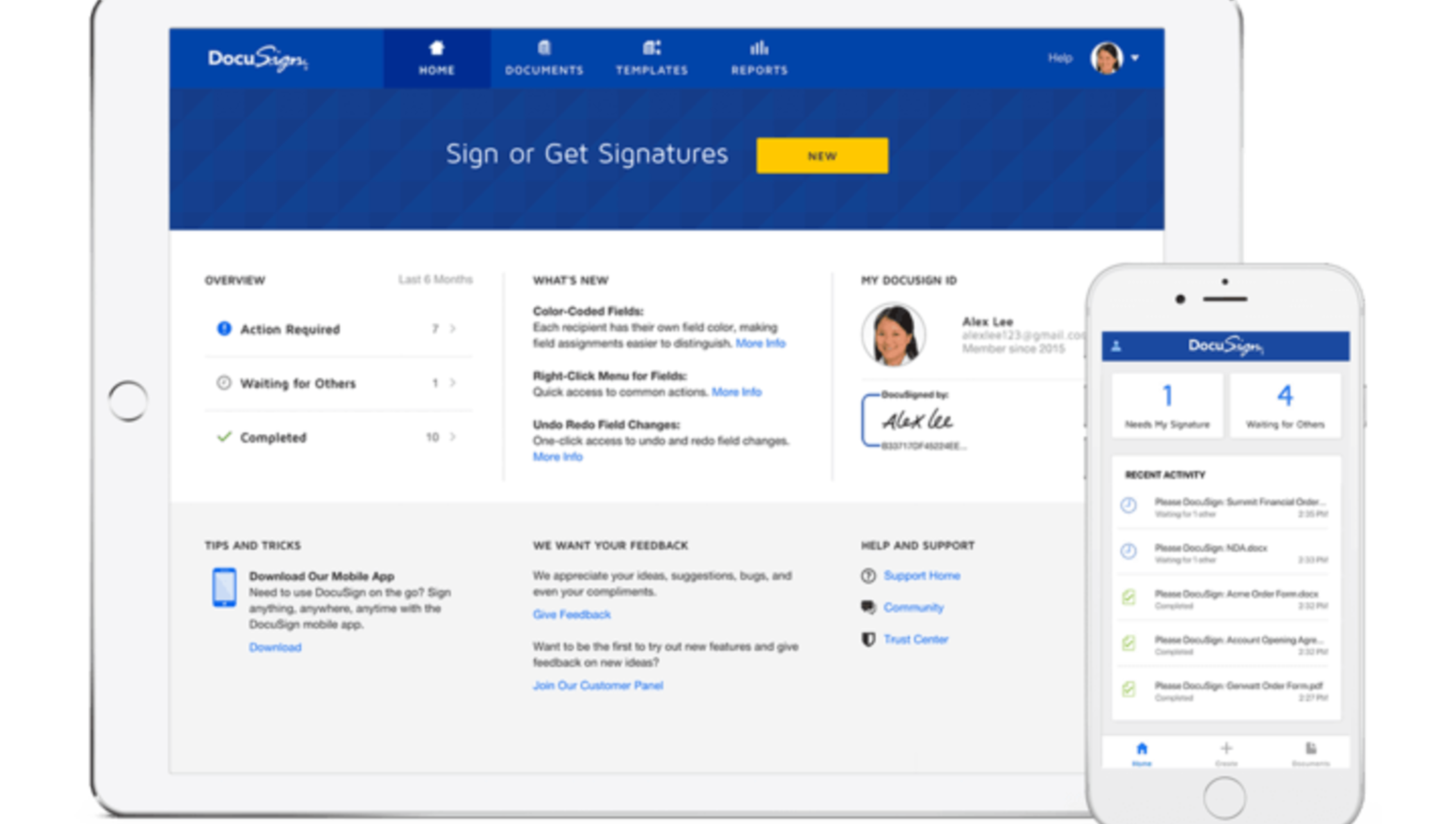 DocuSign eSignature dashboard on mobile and tablet.